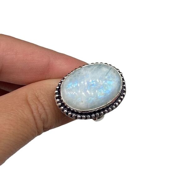 Blue Flash Rainbow Moonstone Ring Size 6 925 Sterling Silver Overlay Oval Stone - Picture 4 of 6